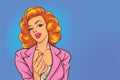 Business woman action sexy shows mini heart sign in the pop art comics style