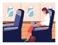 Business woman on an airplane, business trip, trip. Laptop on lap. Flat vector illustration