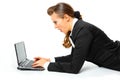 Business woman amazedly looks in laptops screen Royalty Free Stock Photo