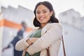 Business woman, arms crossed and portrait outdoor in city with travel and smile. Urban, face and female professional Royalty Free Stock Photo