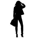 Business woman, attractive confident woman. Fashionably dressed in jacquard, jersey blazer and women`s skinny jeans.