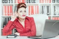 Business woman with big ear eavesdropping Royalty Free Stock Photo