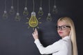 Business woman and big idea bulbs