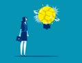 Business woman with big light bulb explosive. Concept business idea vector illustration. Frightened