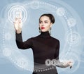 Business woman with Bitcoin symbol. Blockchain Transfers Concept