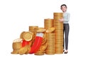 business woman in blue dress standing hugging pile of gold coins caught by magnet