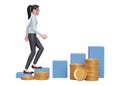 business woman in blue dress walking up the stock chart with ornaments several piles of gold coins