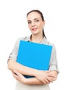 Business woman with a blue folder Royalty Free Stock Photo