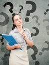 Business woman with a blue folder questionmark Royalty Free Stock Photo