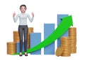 business woman in blue shirt celebrating with clenched fists in front of positive growing bar chart with coin ornament Royalty Free Stock Photo