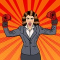 Business Woman in Boxing Gloves Celebrating Success in Business. Pop Art