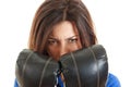 Business woman with boxing gloves in over white Royalty Free Stock Photo