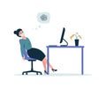 Business woman burnout in the workplace, girl tired of working at the computer