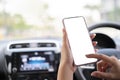 Business woman busy driving hands holding phone with screen