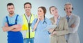 Business woman and call center man, doctor, handy man and builder against blue background Royalty Free Stock Photo