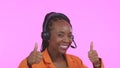Business woman, call center and thumbs up for communication, happy sales and customer service on pink background