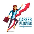 Business Woman Career Planning Vector. Fast Career Growth. Achieve Goal. Huge Red Arrow. More Profit. Isolated Cartoon