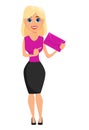 Business woman cartoon character. Cute blonde businesswoman hold