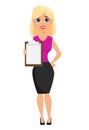 Business woman cartoon character. Cute blonde businesswoman hold