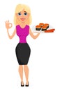 Business woman cartoon character. Cute blonde businesswoman hold