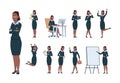 Business woman character. Afro-american office professional worker female in different poses of activity. Cartoon