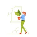 Business Woman Character Carry Green Potted Plant, Manager Working in Modern Office with Biophilic Design. Eco Friendly