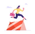 Business Woman Character Running Obstacle Race Holding Briefcase in Hand Jumping over Barrier. Successful Leader Royalty Free Stock Photo