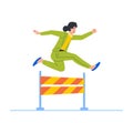 Business Woman Character Running Obstacle Race Jumping over Barrier. Leader Businesswoman Compete for Leadership