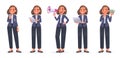 Business woman character set. The girl holds a phone, laptop, tablet, money in her hands. Makes an advertisement