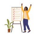 Business woman checklist. Success girl, office working board with tasks. Young entrepreneur goal or plan ready, survey