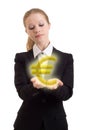 Business woman chooses golden euro sign