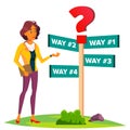 Business Woman Chooses A Path Of Ways, Direction, Strategy Vector. Isolated Illustration Royalty Free Stock Photo