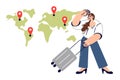 Business woman chooses place for emigration, standing near world map with suitcase for travel