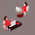 Business woman or a clerk working at her office desk. Flat style modern illustration. Royalty Free Stock Photo