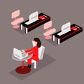 Business woman or a clerk working at her office desk. Flat style modern illustration. Royalty Free Stock Photo