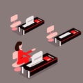 Business woman or a clerk working at her office desk. Flat style modern vector illustration. Royalty Free Stock Photo