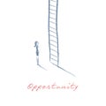 Business woman climbing corporate ladder in career hand drawn sketch vector illustration. Job or work promotion symbol