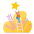 Business woman climbing the stairs in the sky. Ladder of success and career growth ambitions conceptual illustration vector