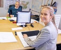 Business woman, computer and coworking portrait with office administrator and receptionist at company. Assistant, desk Royalty Free Stock Photo