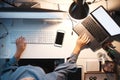 Business woman, computer and hands typing on keyboard above at night with laptop, PC and phone on office desk for Royalty Free Stock Photo