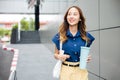 business woman confident smiling with cloth bag holding steel thermos tumbler mug water glass Royalty Free Stock Photo