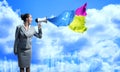 Business woman cooks shouting into a megaphone Royalty Free Stock Photo