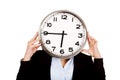 Business woman covering face with a clock Royalty Free Stock Photo