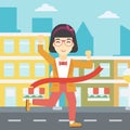 Business woman crossing finish line. Royalty Free Stock Photo