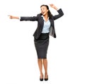 Business woman, dancing or pointing hands at success promotion, sales deal or finance bonus on isolated white background Royalty Free Stock Photo