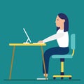 Business woman at the desk is working on the laptop computer. Vector illustration in flat style Royalty Free Stock Photo