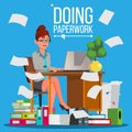 Business Woman Doing Paperwork Vector. Office Worker. Overloaded. Stressful. File Folders. Depressed Busy Person. Flat Royalty Free Stock Photo