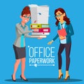 Business Woman Doing Paperwork Vector. Office Worker. Very Busy Day. To Excessive Work. Accounting Bureaucracy Royalty Free Stock Photo