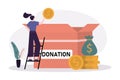 Business woman donating money for charity. Female volunteer throw gold coins into box for donations. Concept of donate Royalty Free Stock Photo