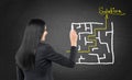 Business woman is drawing a labyrinth with solution on the chalk blackboard. Royalty Free Stock Photo